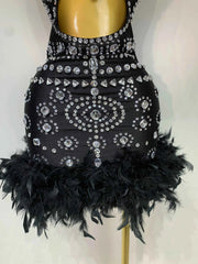 Women Sexy Halter Crystal Feathers Bodycon Mini Dress Nightclub Performance Stage Outfit Luxury Birthday Photo Shoot Dress