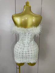  Carmina white feather sequin strapless bodycon mini dress. Perfect for birthdays, bridal parties, cocktails, and special events.