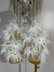 Angeli sheer mesh mini dress featuring sparkling rhinestones, decorative chains, mirror-like accents, and feather details