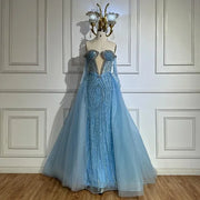 2025 Blue Mermaid Evening Gown with Gloves and Overskirt