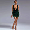 Deep V neck green sequin cocktail dress with sexy open back and ostrich feather trim – glamorous party and club dress for women