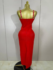 Tahlia sexy backless red beading long bodycon bandage dress with bead embellishments and slim-fit silhouette.
