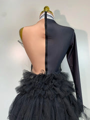 Black sheer performance bodysuit designed for singers, dancers and stage events