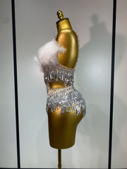 Rhia sparkly rhinestone tassel feather see-through bodysuit for nightclub and stage performance styling