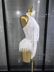 Natalia sexy halter backless beaded sequin tassel bodysuit for nightclub and birthday party styling