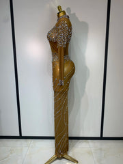 Colette sparkly brown rhinestone mesh transparent long dress for evening parties and nightclub dancers.