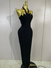 Look elegant in the Bianca black beaded scalloped halter bandage maxi dress. Perfect for weddings, cocktail parties, galas, and evening events.