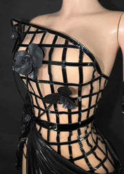 Lyra sexy mesh see-through top skirt long gloves prom set elegant gown.