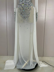Dana white diamond mesh abaya maxi dress for women. Elegant luxury gown for weddings, birthdays, and evening parties.