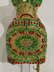 Luxury color rhinestone mesh mini dress with sparkling crystals for birthday, DJ, or club wear.