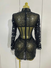 Shiny Sequin Pearl Sexy Black Mesh Long Sleeve Bodycon Mini Dress Women Celebrate Evening Birthday Party Nightclub Stage Costume