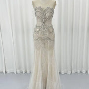 Luxury Crystal Pearls White Nude Mermaid Prom Evening Dress