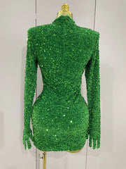 Ghee shiny green sequin long sleeve bodycon birthday dress with matching gloves for party and evening events