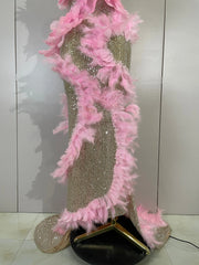 Faye pink sequin feather mesh mermaid gown for women. Glamorous dress for birthdays, prom, nightclub, and evening events.