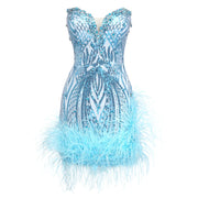 Baby blue feather mini dress with sequins and V-neck – glitter party, prom, homecoming, birthday, cocktail outfit.