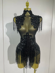 Sparkly rhinestone sequin tassel mesh stretch bodysuit for women’s party, birthday, and stage wear.