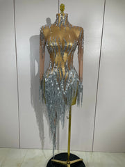 Nina sexy sparkly rhinestone golden sequins tassel mesh dress for women party evening