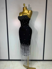 Lena Pearl Beaded Strapless Backless Midi Bandage Dress