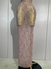 Lauren pink diamond mesh see through evening gown for women. Glamorous dress for nightlife, stage wear, and party events.