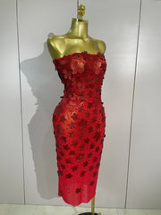 Emme sequin flower diamond strapless mesh dress for women. Sexy luxury party outfit for birthdays, nightlife, and evening events.