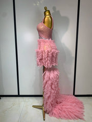 Kaylene rhinestone mesh maxi dress with backless design. Sexy sheer luxury outfit for birthdays, parties, stage events, and evening glam looks.
