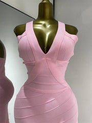 baby pink fringed sleeveless V-neck bandage bodycon dress for party and brunch styling