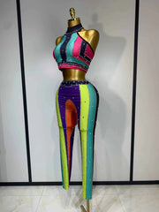 Pamela Sparkly Rhinestones Colorful Top and Pants Two-Piece Set