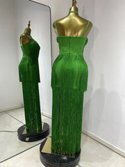 Keilahni green fringed sleeveless bandage bodycon dress for party and nightclub styling