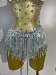 Alessia sparkly rhinestone flower bodysuit featuring decorative tassel accents