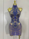 Sparkly blue rhinestone mesh mini dress – sexy see-through women’s bodycon outfit for nightclub, birthday, and stage events.