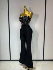 Tanisha black sleeveless strapless pearl beaded bodycon jumpsuit for women evening party birthday club outfit