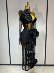 Diana black one-shoulder bow mesh bodycon dress with gloves, elegant women’s birthday and party outfit