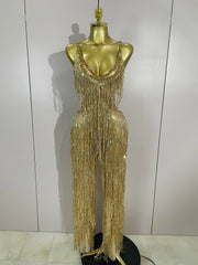 Nia sparkly Gold rhinestones sequined fringe jumpsuit for women – sexy stage, birthday, and nightclub performance outfit.