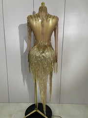 Nina sexy sparkly rhinestone golden sequins tassel mesh dress for women party evening