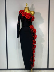 Keona black one-sleeve bandage dress – elegant slim-fit evening gown for women.