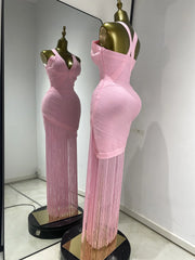 baby pink fringed sleeveless V-neck bandage bodycon dress for party and brunch styling