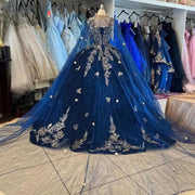 Navy Blue Velvet Quinceañera Ball Gown