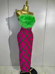 Envious Designs Reese sexy green feather strapless color block plaid bodycon midi bandage dress for birthday and cocktail party styling