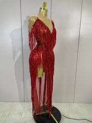Haelena sexy mesh see-through long dress with sparkly red diamond tassel detailing for evening party styling