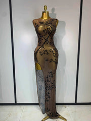 Corey Sexy O Neck Sleeveless Black Diamonds Crystal Maxi Dress