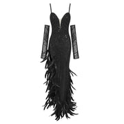 Nia black pearl long sequin gown with feathers, sweetheart neckline, and gloves – elegant evening dress.