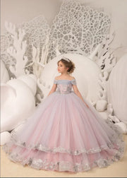 Silver Appliques Princess Flower Girl Dress: Off Shoulder, Long Tulle