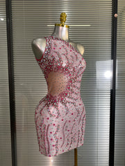 Sandy one shoulder crystal mesh bodycon mini dress for women. Sexy sparkly outfit for nightlife, stage performances, and parties.