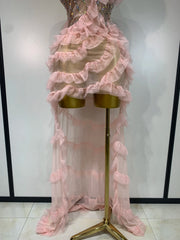 Shannon Sexy Strapless Pink Diamonds Ruffled Mesh See Through Birthday Dress