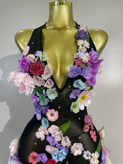 Lariza sexy halter mesh see-through long dress with sparkly diamond 3D flower detailing for evening gala styling