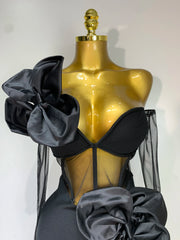 Diana black one-shoulder bow mesh bodycon dress with gloves, elegant women’s birthday and party outfit
