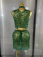 Amber crystal mesh two piece bodycon mini dress set for women. Sexy outfit for nightlife, stage wear, and party events.