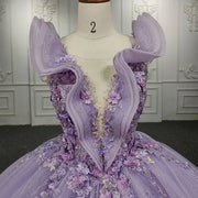 Flower Purple Beaded O-Neck Quinceañera Dress