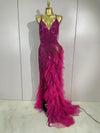 Gabrielle rhinestone fringe backless sheer maxi dress with sparkling crystals and elegant see-through design.