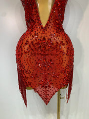 Christy rhinestone tassel mini dress featuring sparkling embellishments and a fitted bodycon silhouette